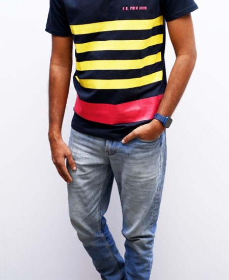 Brand New US Cotton Men’s Chest Stipe Printed Round Neck T-shirt [ECONOMIC]