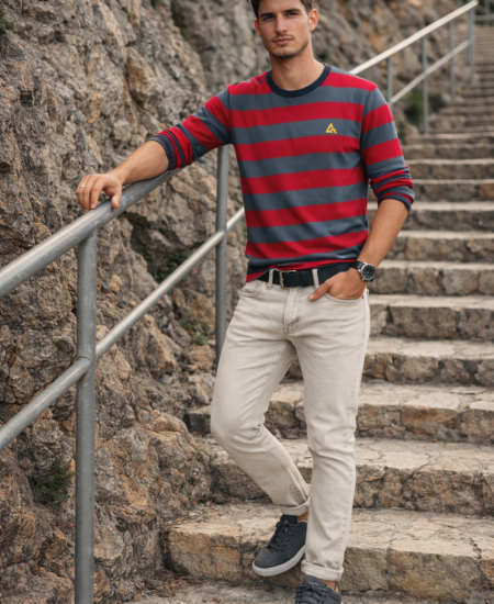 Grey Armour Cotton Stripped Roundneck Full sleeve T-Shirt