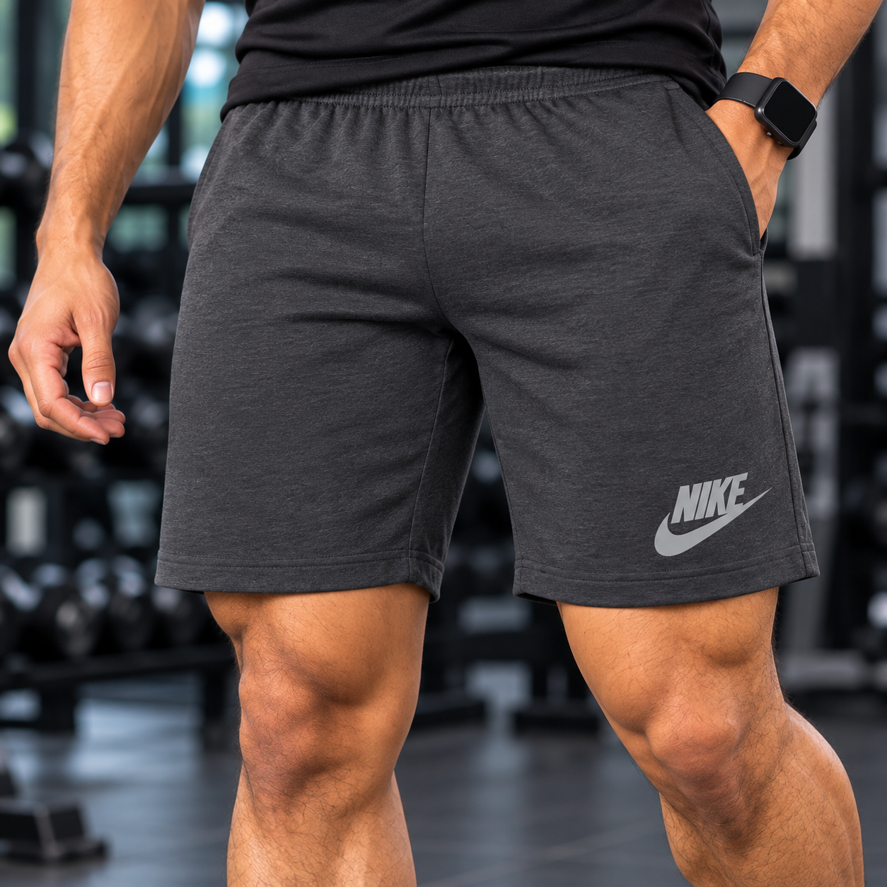 Charcoal Nike Gym Shorts Close-Up
